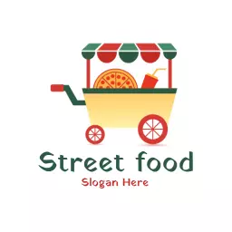 Colorful Food Cart with Fresh Italian Pizza Offering Street Food Logo Template