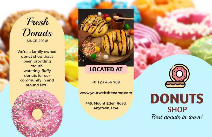 Colorful Fresh Donuts Menu and Drink Specials Bakery Brochure Template