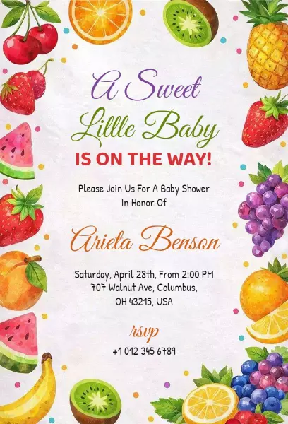 Colorful Fruit Themed Baby Shower Celebration Invitation Template