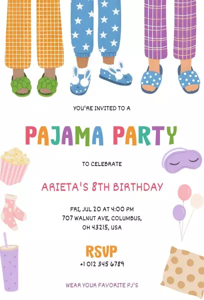 Colorful Fun Pajama Party Birthday Celebration Invitation Template
