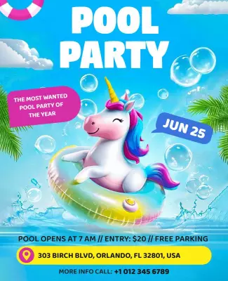 Colorful Fun Pool Party with Unicorn and Bubbles Poster Template