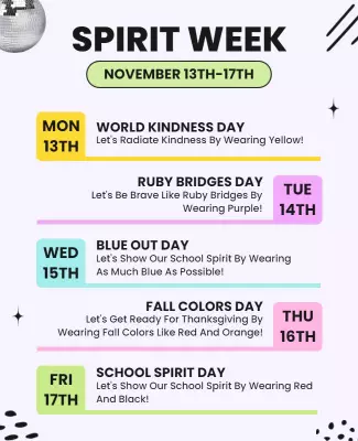 Colorful Fun School Spirit Week Celebration Poster Template