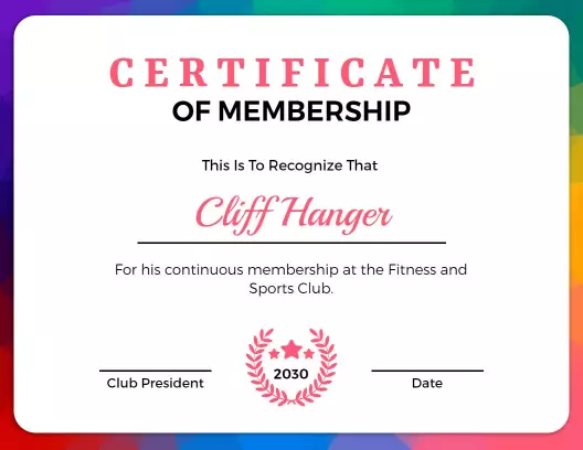 Colorful Gradient Fitness Club Membership Certificate Template