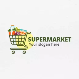 Colorful Grocery Cart Filled with Fresh Produce Supermarket Logo Template
