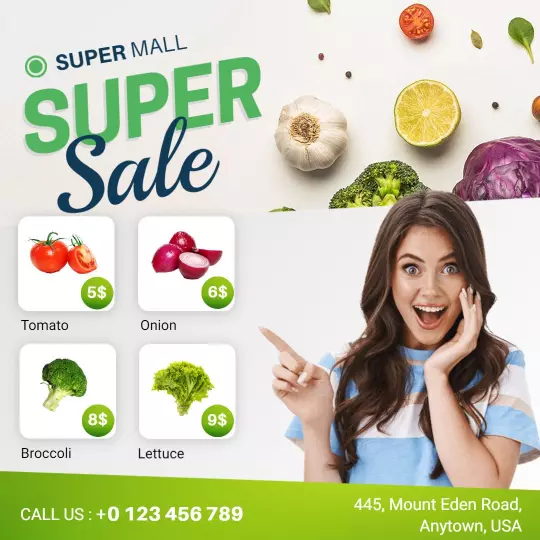 Colorful Grocery Sale with Fresh Vegetables and Happy Shopper Ad Template