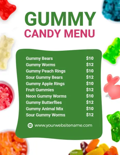 Colorful Gummy Treats and Chewy Delights for Everyone Candy Menu Template