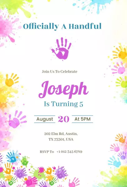 Colorful Handprint Five-Year-Old Birthday Celebration Invitation Template