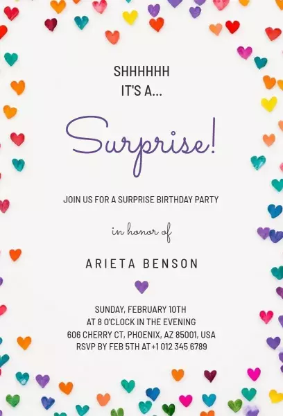 Colorful Hearts Surprise Birthday Party Celebration Invitation Template