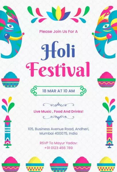 Colorful Holi Festival Celebration Invitation Template