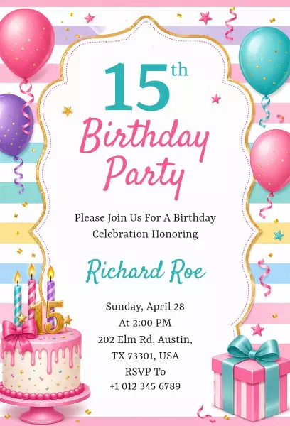 Colorful Joyful 15th Birthday Celebration Invitation Template