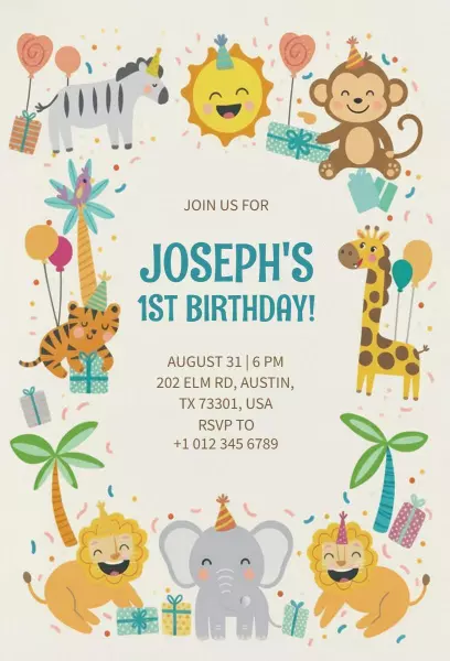 Colorful Jungle Animals Fun 1st Birthday Invitation Template