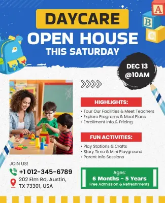 Colorful Kids Channeling Daycare Open House Flyer Template
