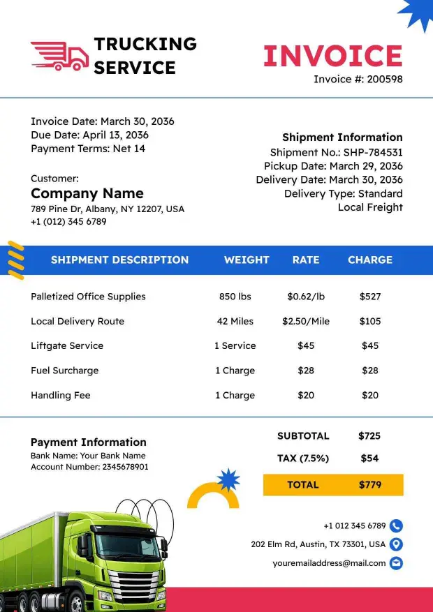 Colorful Local Freight Service Billing with Shipping Details Trucking Invoice Template