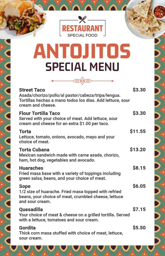 Colorful Mexican Antojitos Special Cuisine Menu Template