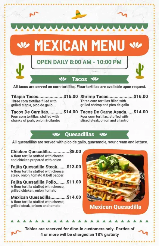 Colorful Mexican Style Tacos and Quesadillas Menu Template