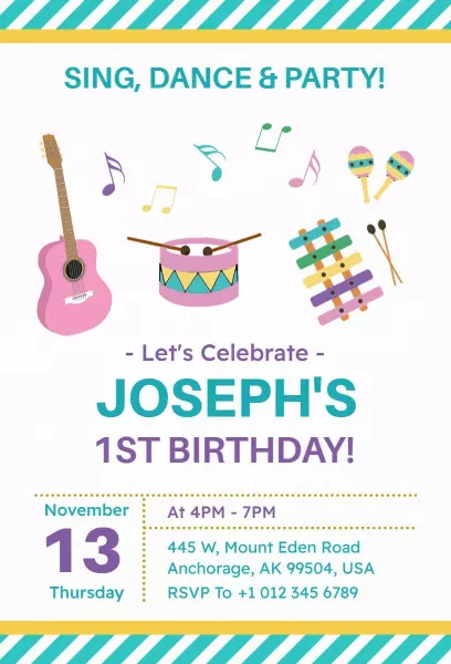 Colorful Musical 1st Birthday Celebration Invitation Template