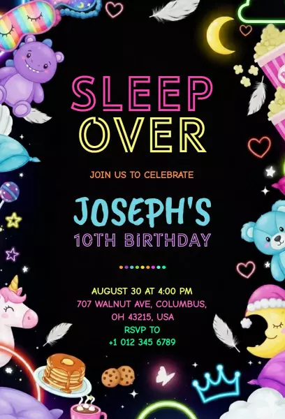 Colorful Neon Sleepover Party Celebration Invitation Template
