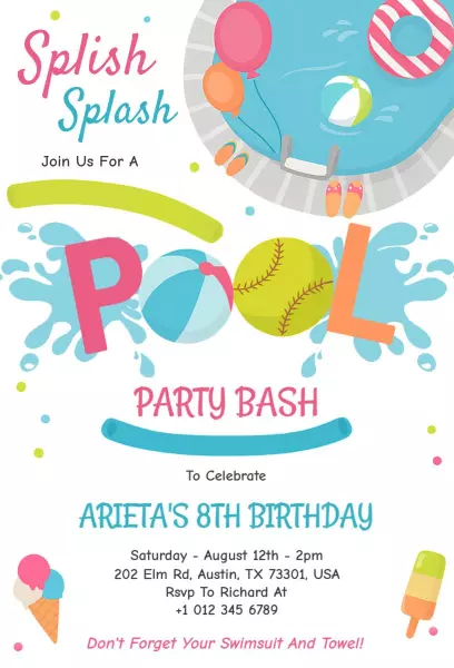Colorful Pool Party Birthday Bash Invitation Template