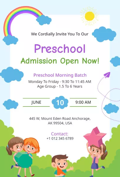 Colorful Preschool Admission Open Invitation Template