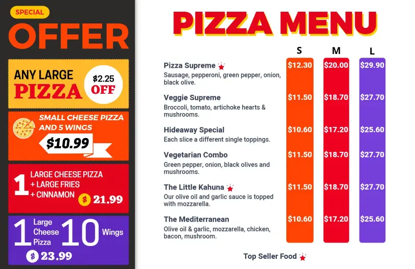 Colorful Price Highlighted Pizza Selection Menu Template