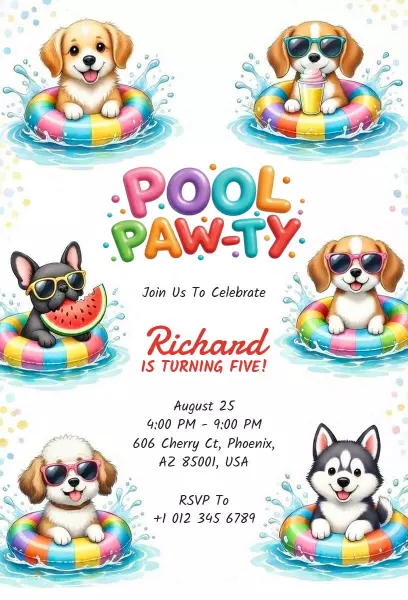 Colorful Puppy Theme Pool Party Celebration Invitation Template