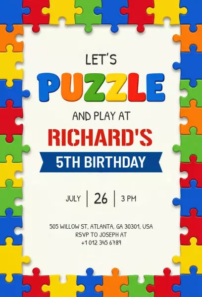 Colorful Puzzle Theme 5th Birthday Celebration Invitation Template