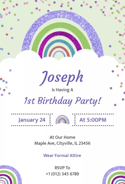 Colorful Rainbow 1st Birthday Celebration Invitation Template