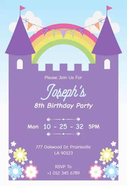 Colorful Rainbow Castle 8th Birthday Celebration Invitation Template