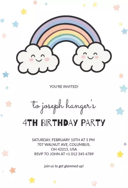 Colorful Rainbow Clouds Fun 4th Birthday Invitation Template