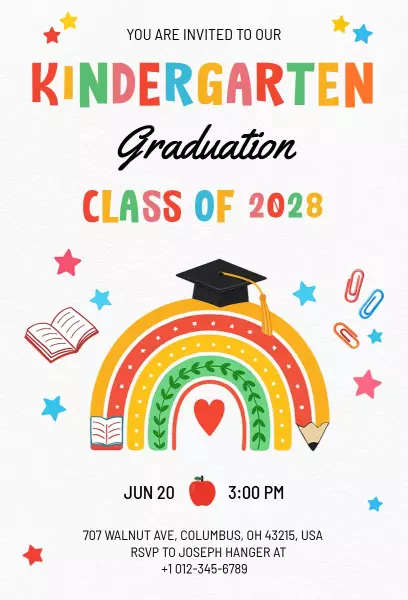 Colorful Rainbow Kindergarten Graduation Celebration Invitation Template