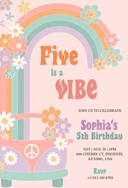 Colorful Rainbow Retro 5th Birthday Celebration Invitation Template