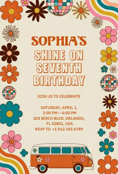 Colorful Retro Seventh Birthday Celebration Invitation Template