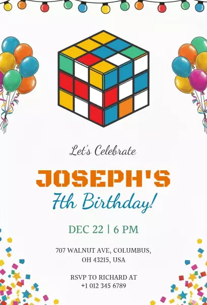 Colorful Rubik's Cube Fun 7th Birthday Celebration Invitation Template
