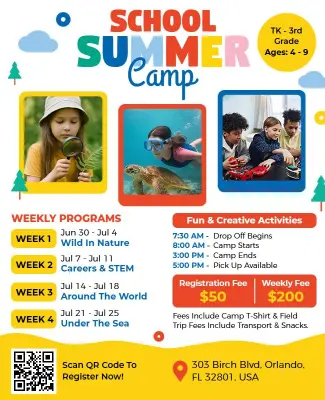 Colorful School Summer Camp Activities Flyer Template