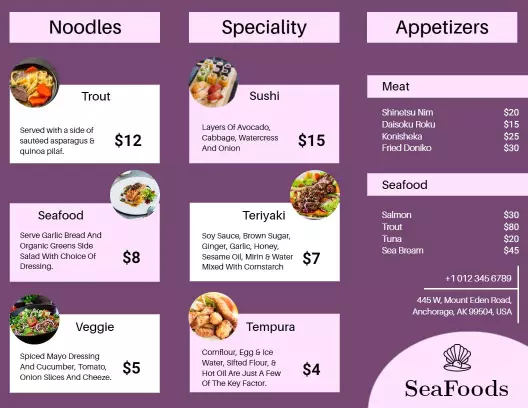 Colorful Seafood Menu Featuring Noodles and Appetizers Brochure Template