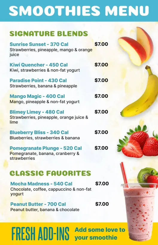 Colorful Signature Blends and Classics Smoothie Menu Template