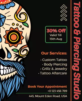 Colorful Skull Design for Tattoo and Piercing Studio Poster Template