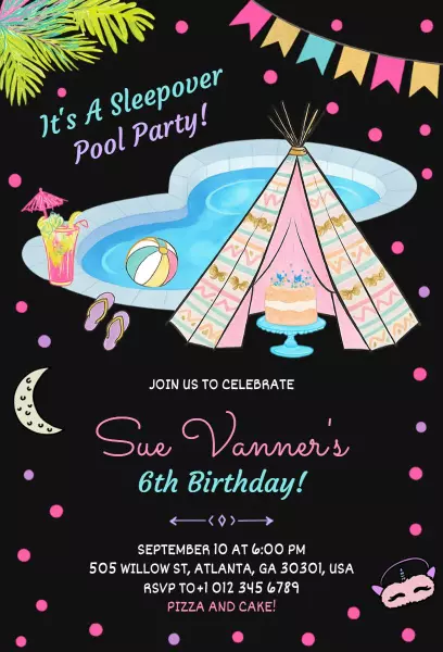 Colorful Sleepover Pool Party Celebration Invitation Template