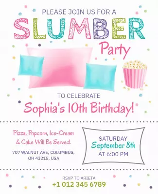 Colorful Slumber Party Celebration for 10th Birthday Poster Template