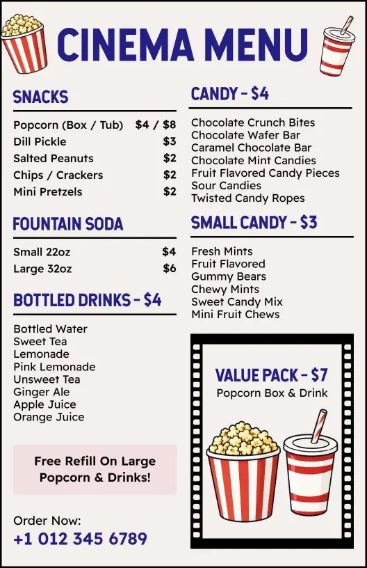 Colorful Snacks and Sweet Treats Variety Cinema Menu Template