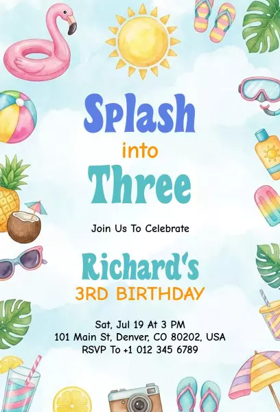 Colorful Splash Birthday Pool Party Celebration Invitation Template