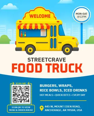 Colorful Street Food Truck and Cityscape Promotion Flyer Template