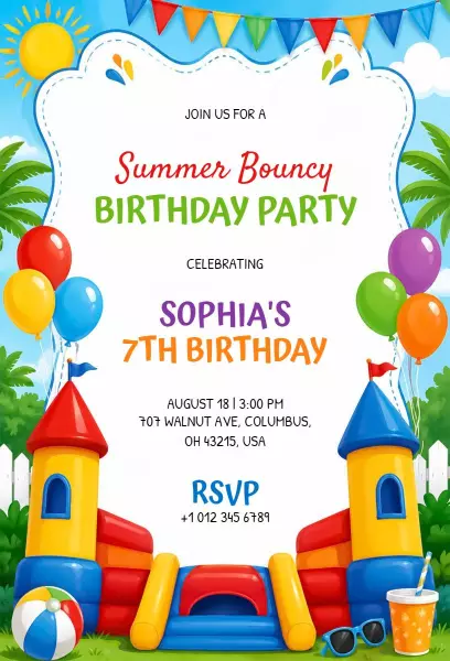 Colorful Summer Bouncy Birthday Party Invitation Template