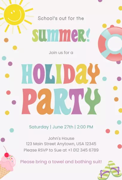 Colorful Summer School Holiday Party Celebration Invitation Template