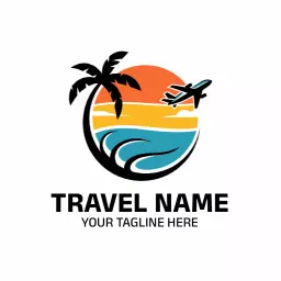 Colorful Sunset with Plane and Palm Tree Travel Logo Template