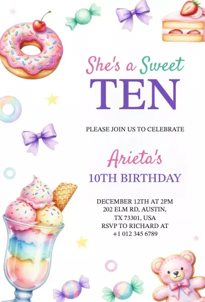 Colorful Sweet Treats 10th Birthday Celebration Invitation Template