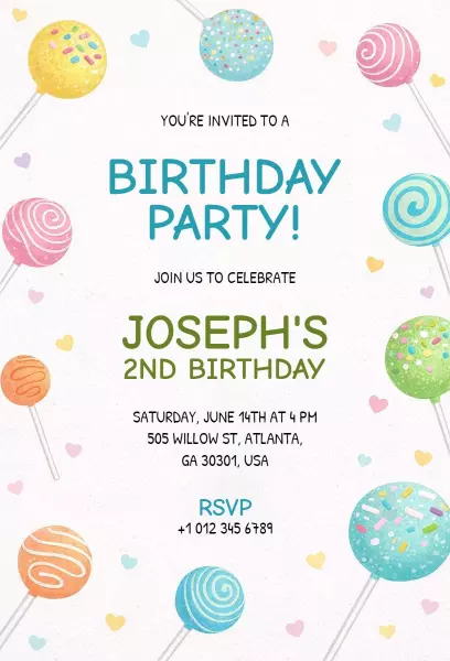 Colorful Sweet Treats 2nd Birthday Celebration Invitation Template