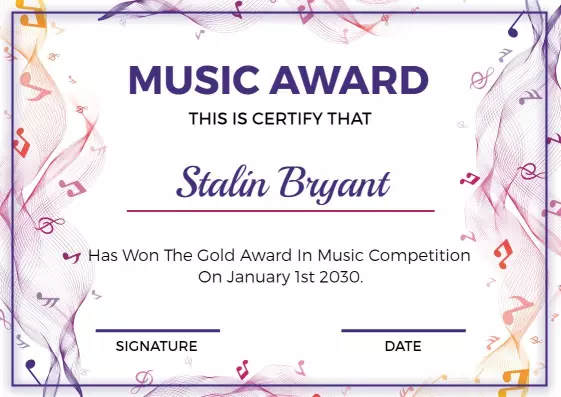 Colorful Swirling Music Competition Award Certificate Template