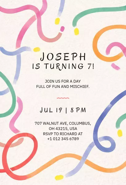Colorful Swirls Fun 7th Birthday Celebration Invitation Template