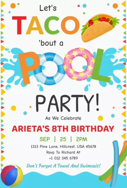Colorful Taco Themed Pool Party Celebration Invitation Template